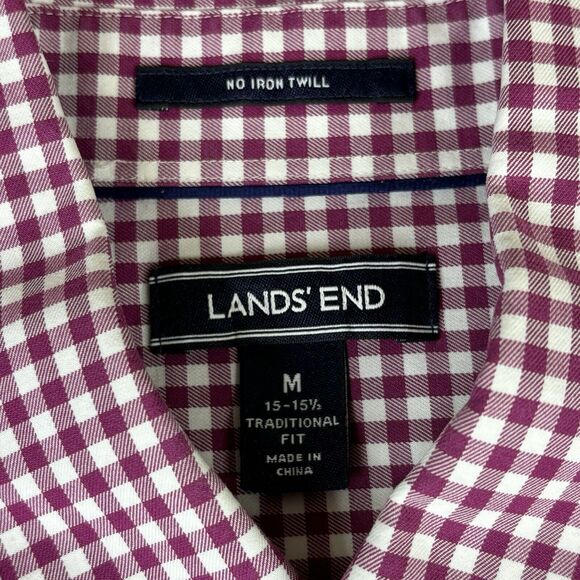 Lands End Button Down Shirt Mens M 15-15.5 Red Gingham Check Traditional Fit - Picture 2 of 10